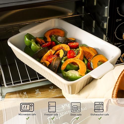 Miniatura 4 de Hasense Platos de cerámica para horno, cazuela, juego de 3, bandeja de lasaña de 9 x 13 pulgadas de profundidad, utensilios rectangulares para