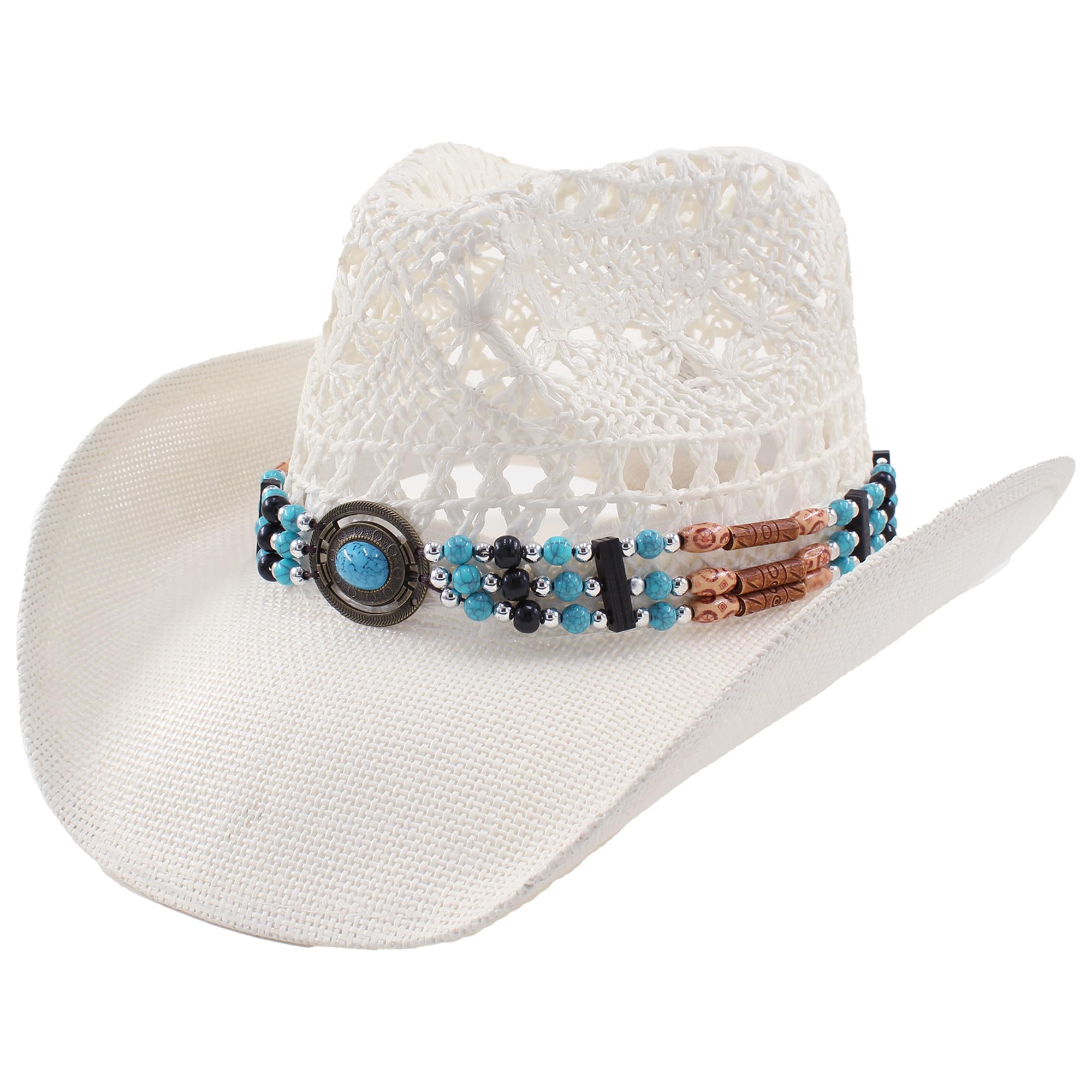 Sombrero Vaquero Mujer Hombre Estilo Oeste de Paja Calada con Cuentas Turquesa Decorativas, Transpirable, Ajustable, Verano, Western