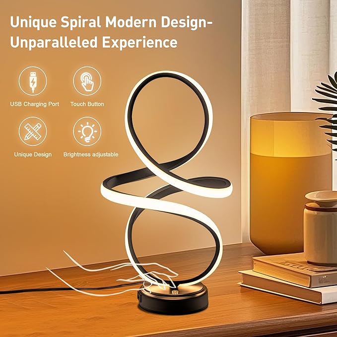 Mayful Mayful Modern LED Spiral Table Lamp,Black Touch Control Bedside Lamp with USB Charging Ports,Contemporary Stepless Dimmable Nightstand Lamp for Bedroom Living Room Home Office,12W, 3200K Warm White photo 3