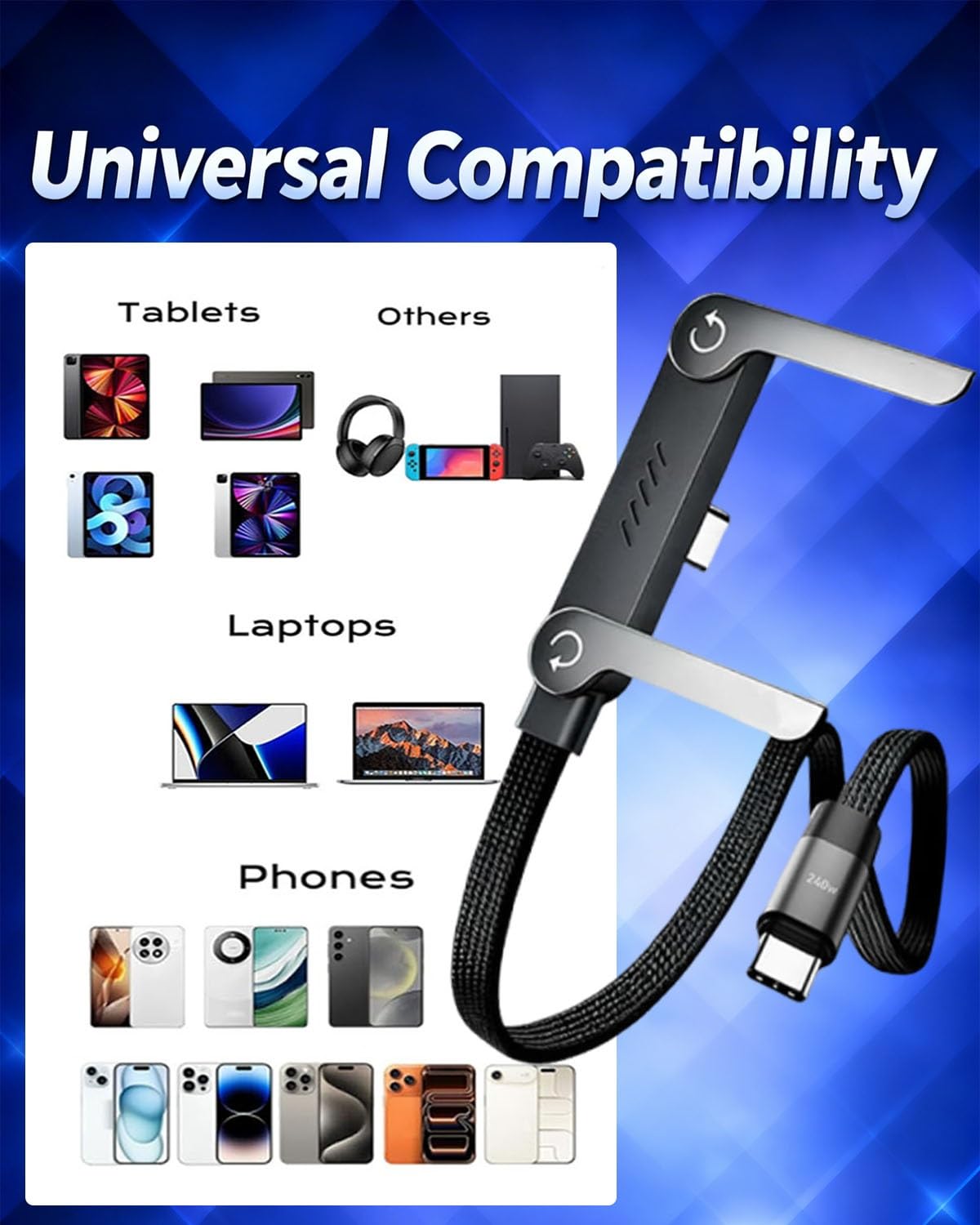 Cavo di ricarica 2 in 1, cavo di ricarica rapida da 240 W con supporto integrato, cavo di ricarica invisibile, rotazione a 360°, cavo USB C in nylon intrecciato ad alta velocità per telefono, tablet