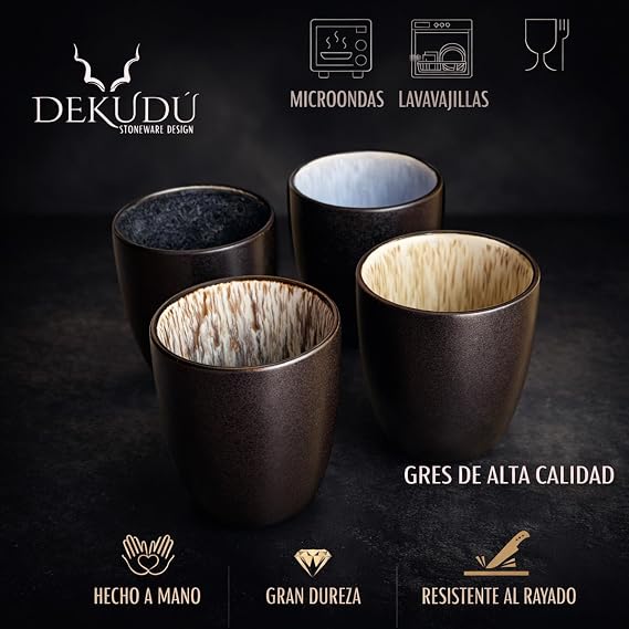 Espresso Cups in Ceramic Quality Stoneware Set Original Coffee Cups – Handmade – Very Resistant Dishwasher and Microwave Safe – 4 Pieces of 100 ml – Black Exterior Colour