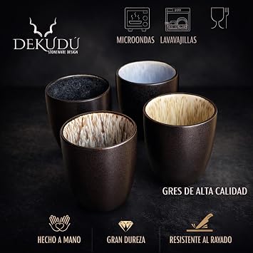 Espresso Cups in Ceramic Quality Stoneware Set Original Coffee Cups – Handmade – Very Resistant Dishwasher and Microwave Safe – 4 Pieces of 100 ml – Black Exterior Colour