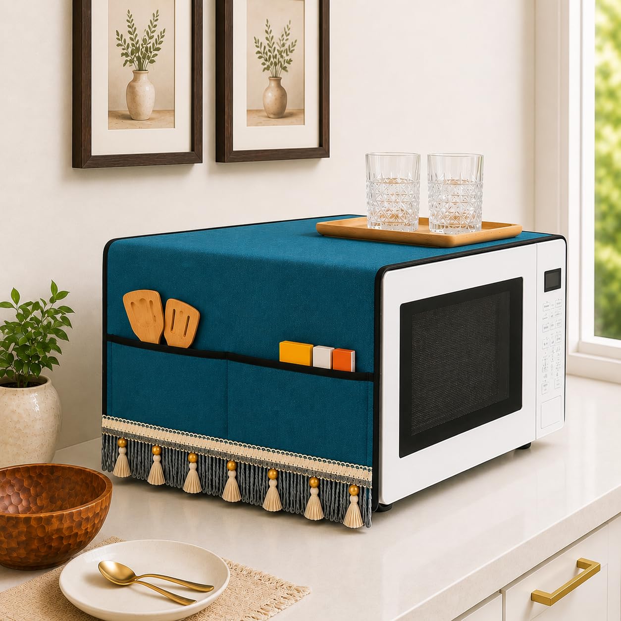 Microwave Oven Cover Waterproof & Dustproof Polyester Top Cover with Elegant Tassel Lace, 4 Side Storage Pockets, Modern Kitchen Protector (100 x 35 cm) (SKY BLUE)-image-41