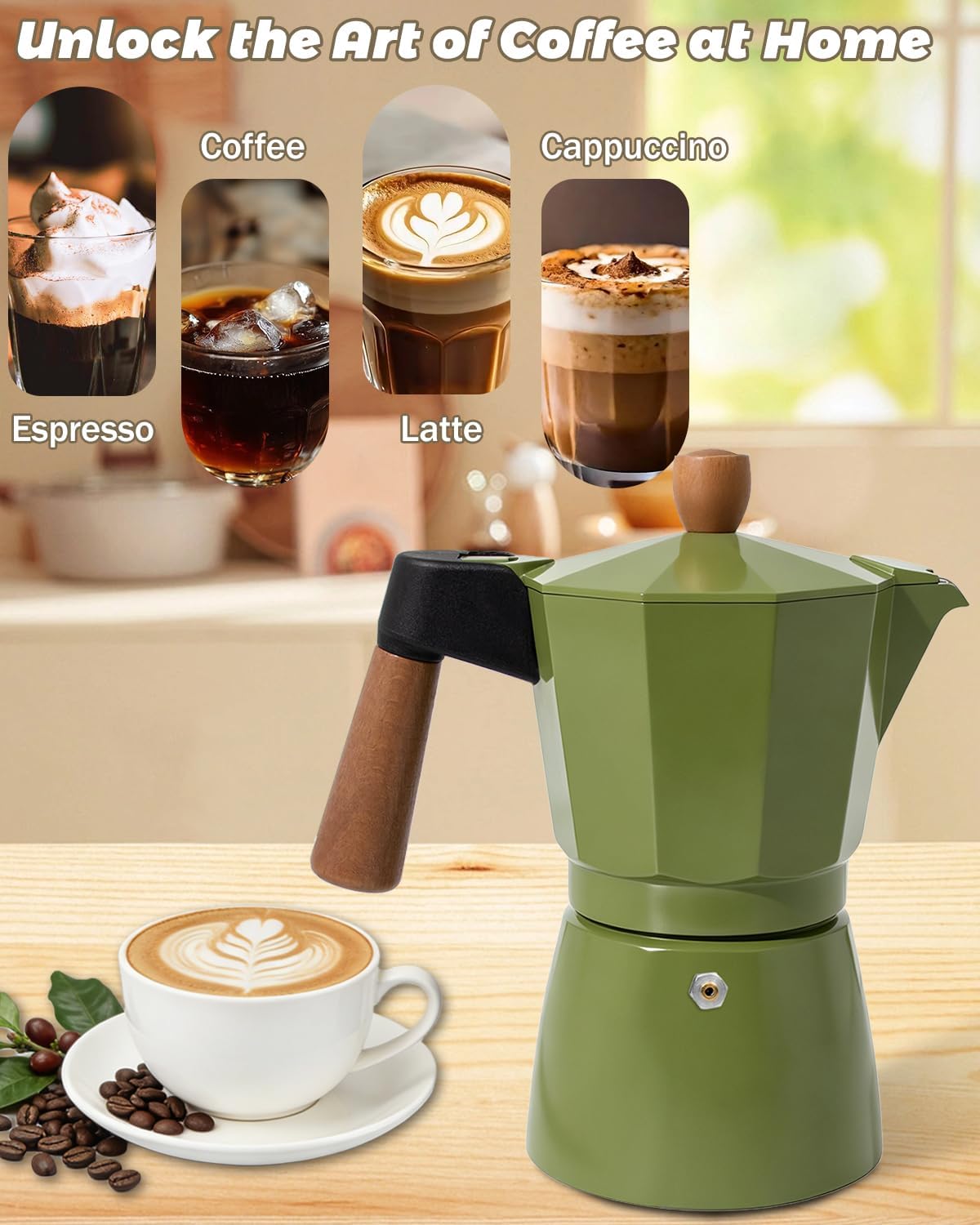 Coffee Maker Stovetop Espresso Maker with Wood Handle 3 Cup