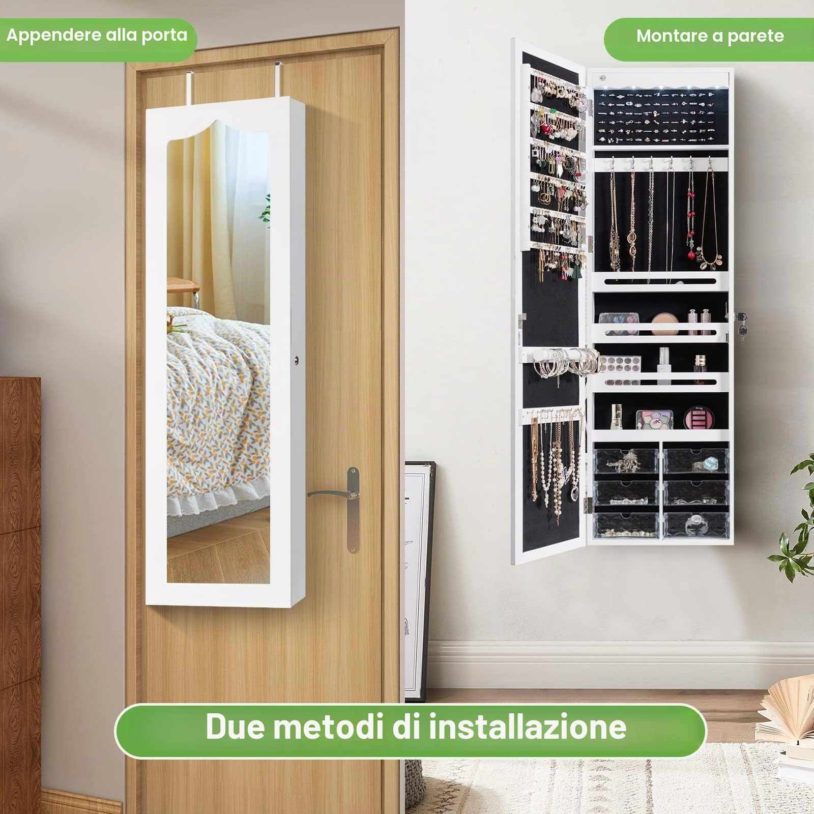FANTASK Armadietto per gioielli da appendere, con illuminazione a LED, specchio e 6 cassetti, pensile per montaggio a porta e parete, per gioielli e cosmetici, bianco