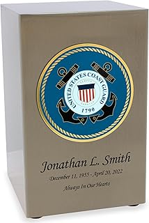 Coast Guard Veteran Cremation Urn for Ashes - Full Color United States Military Medallion on Pewter Finish Urn - 200 Cubic Inch Capacity Urn - Includes Personalization