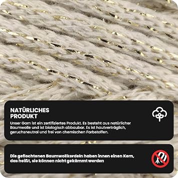 Netuno 1x braided macrame cord macramé yarn ivory with gold metal thread 5mm 100m natural cotton string ideal for macramé project hanging baskets DIY handbags crafting pouffes rugs jewellery
