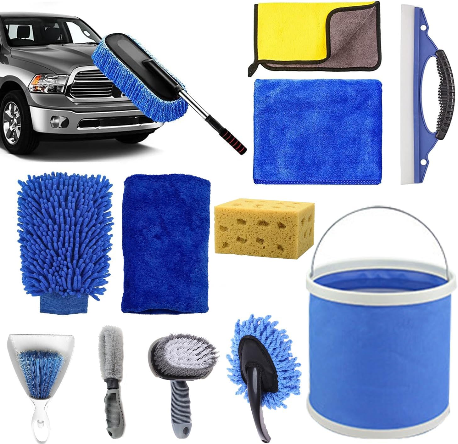 Car Wash Kit 12Pcs Auto Detailing Cleaning Set: Exterior Interior Car Care Kit with Bucket Towel Mitt Duster Window Scraper Tire Brush, Complete Car Cleaner & Wheel Cleaner Tools for Perfect Car Wash