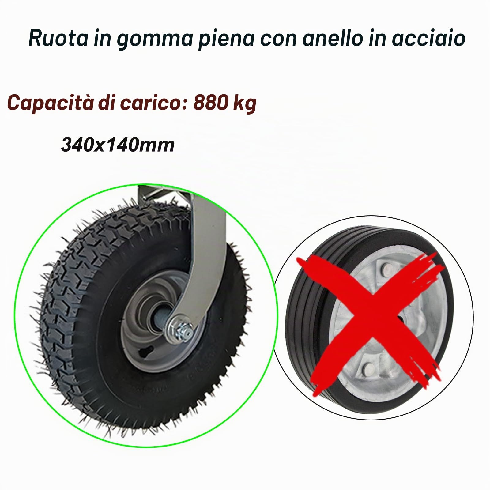 Ruota di supporto per rimorchio, Pneumatici grandi portata 880 kg Ruotino Singolo 340x140mm, ruotino per carrello con fascetta di serraggio per rimorchi roulotte e rimorchi (Pneumatici grandi)