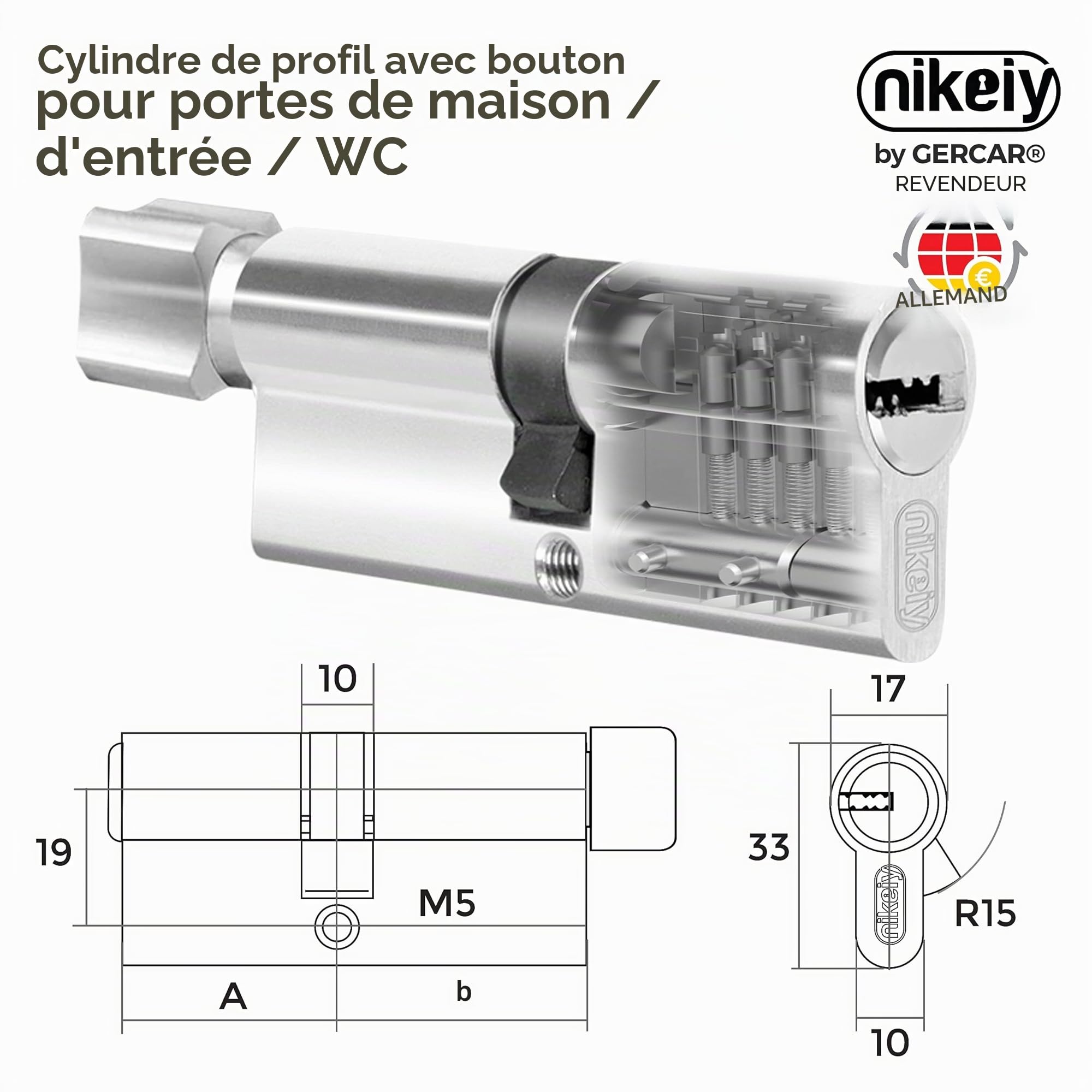 GERCAR Lot de 3 cylindres de serrure / serrure barillet avec bouton pour porte 45/45-90 mm - 3x serrure de porte/cylindre avec 15 clés - Longueur : 90 mm A : 45 B : 45