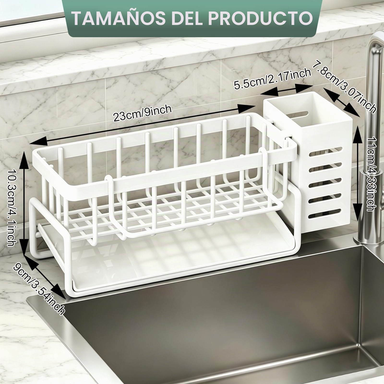 Organizador Fregadero Cocina,Soporte Esponja Fregadero de Metal,Organizador para Fregaderos de con Soporte Para Paños de Cocina,Desagüe Automático,Organización para Cepillos,Esponjas,Jabón(Blanco)