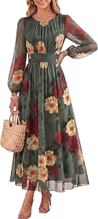 Caracilia Tulle Maxi Dresses for Women Puff Long Sleeve Tea Party Outfits | Floral Mesh Wedding Guest Dress, Crew Neck, A Line Ruched Waist, 2026 Fall Flowy Casual, Boho Vacation Clothes