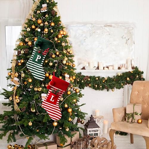 Miniatura 5 de CRSMHLPK Calcetines de Navidad con iniciales de 20 pulgadas, monograma, a rayas, rojo, verde, con letras bordadas blancas, decoraciones
