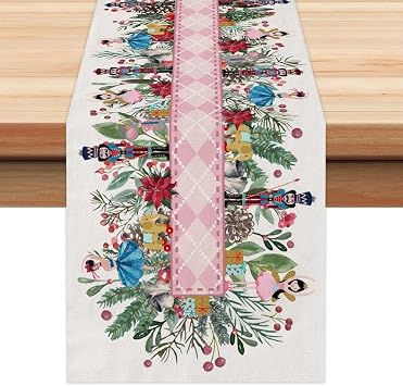 Christmas Table Runner 13x72 Inches,Nutcracker Flower Tree Winter Seasonal Burlap Pink Diamond Farmhouse Indoor Kitchen Dining Table Holiday Decoration for Home Party