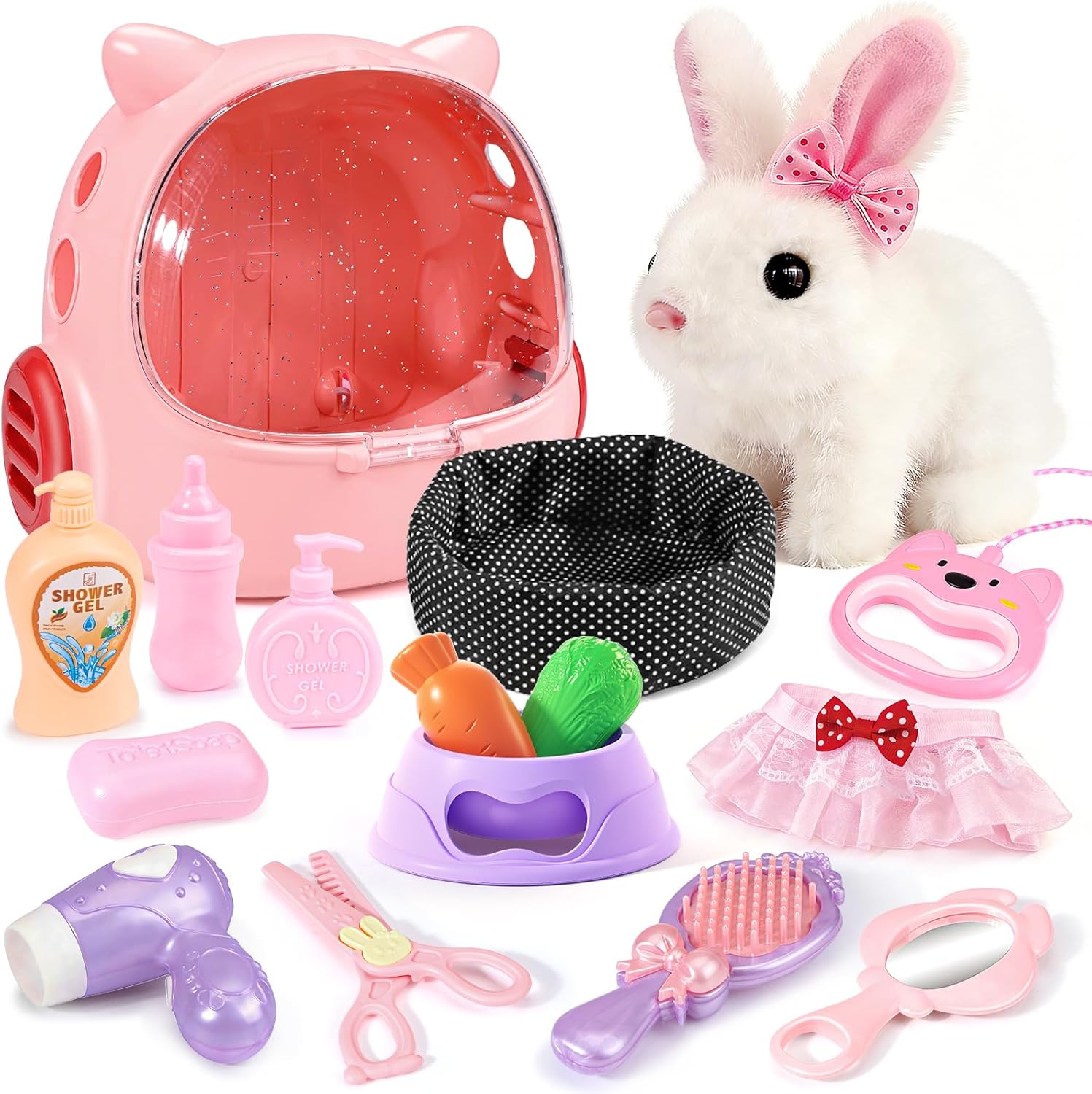 23 Pcs Hopping Bunny Toy for Kids 3-5 5-7, Electronic Interactive Rabbit with Backpack, Wiggling Ears Squeaking Plush Pet, Pretend Play Easter Birthday Gifts for Girls 4 6 8 Year Old