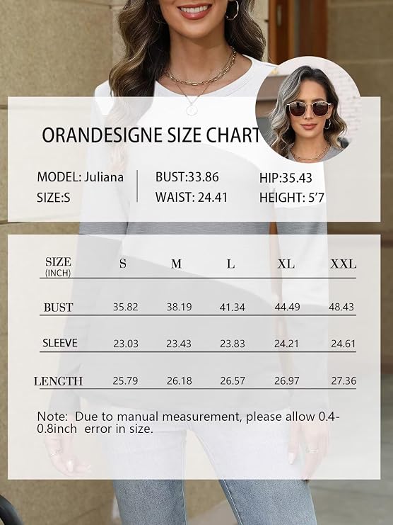 ORANDESIGNE Women's Color Block Long Sleeve Tunics Tops Casual Striped Crew Neck Shirts Loose Blouses | Cotton Blend, Not Clingy, Loose Fit, Crew Neck, Hit-color, Striped Knit, Daily Casual, Basic Tees, Fall Winter Trendy