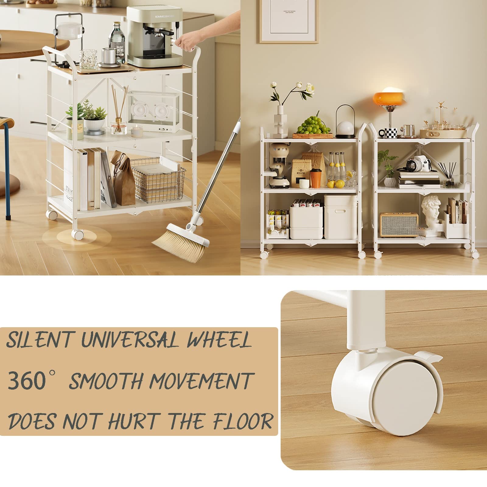 ROFBIHG Carrito Auxiliar con Ruedas, Carro Utilitario con Ruedas De 3 Niveles, 83x63x36cm, Blanco, Rueda Universal Silenciosa, Plegable, Se Pueden Colocar Bebidas, Cosméticos, Bocadillos