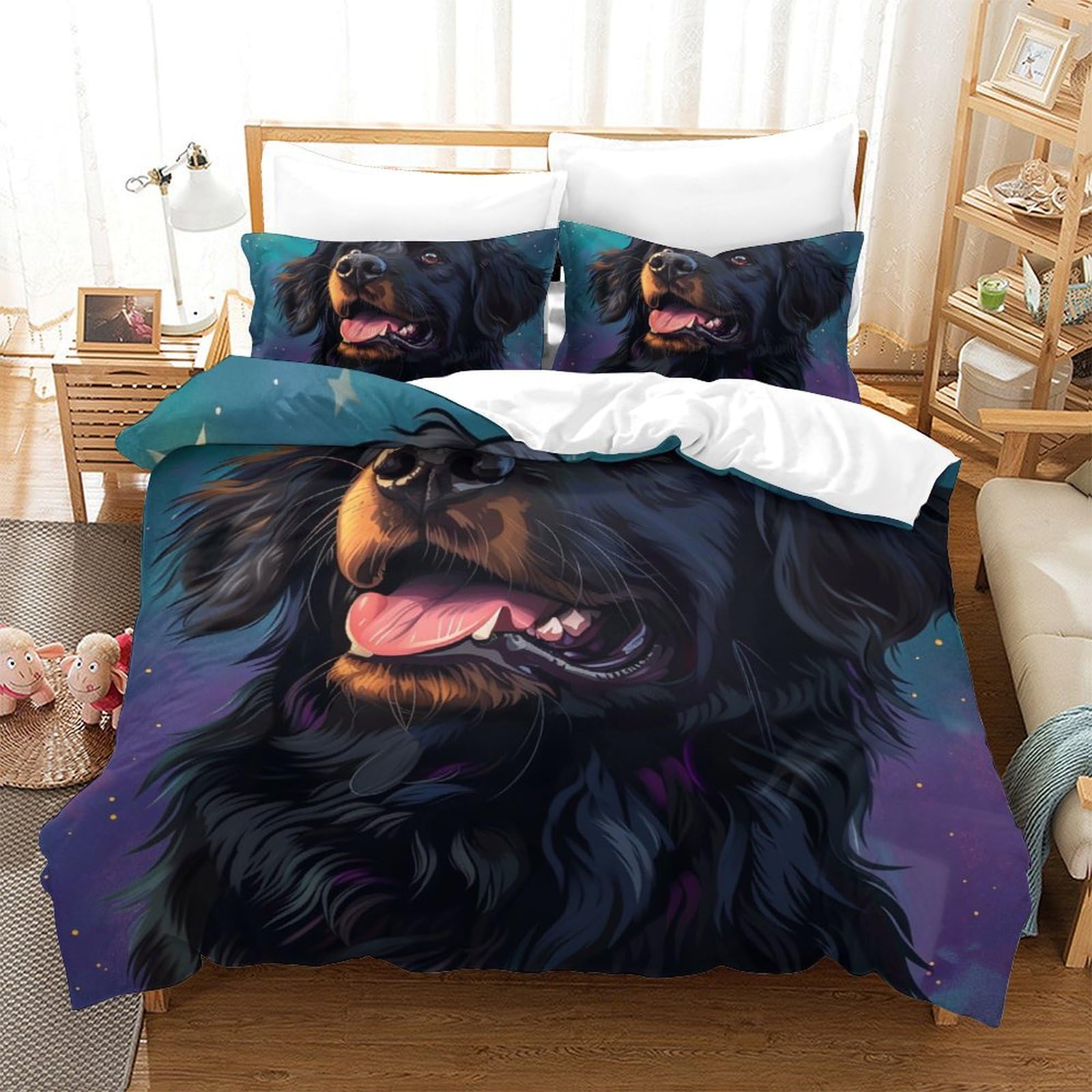Housse de couette 200x200cm imprimé 3D chien Rowena parure de lit microfibre 3 pcs