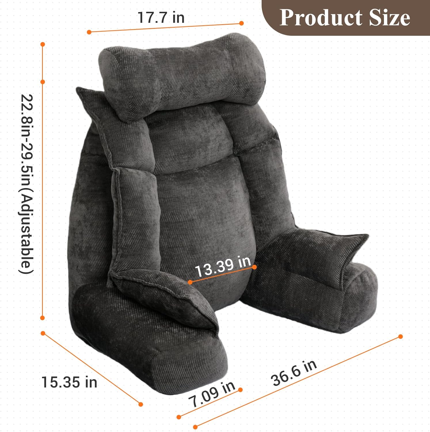 Reading Pillow, Back Pillow for Bed Sitting Up, Reading Pillow for Bed, Adjustable Beds Backrest, Wedge with Arms, Removable Cover, Backrest Cushion for Reclining, Gaming, Resting, In Couch or Floor