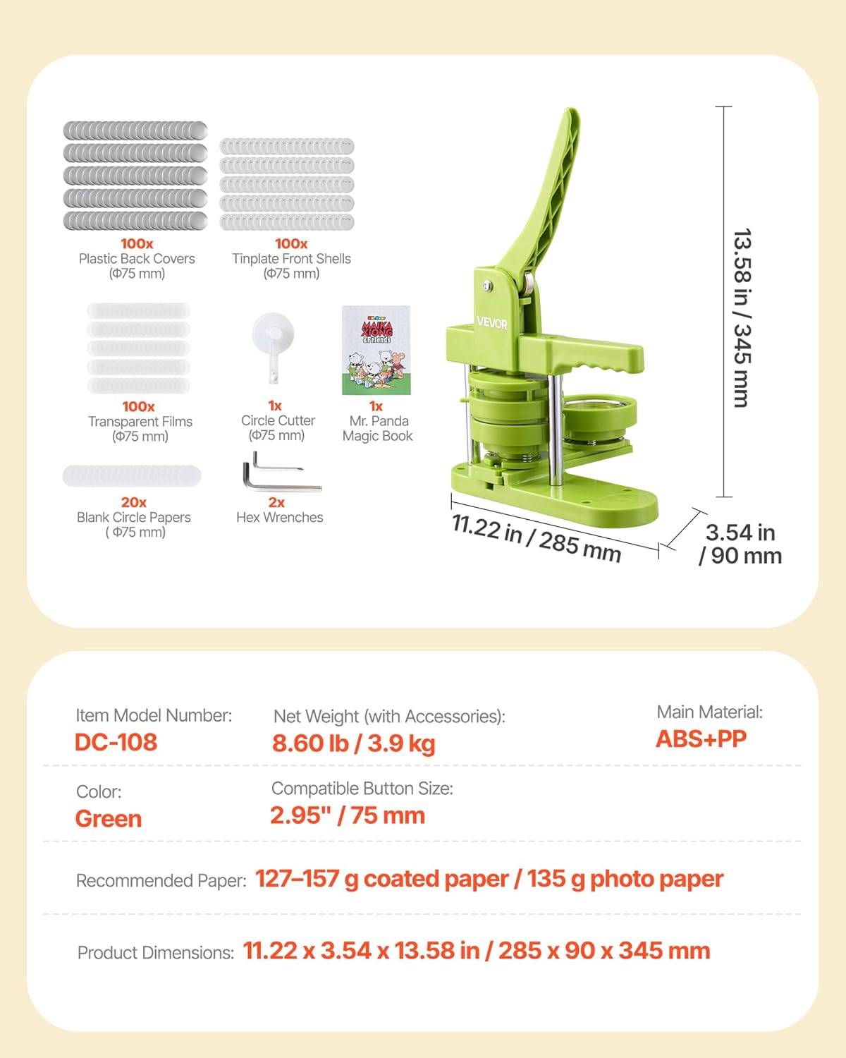 VEVOR Button Maker Machine, 3in/75mm Plastic Pin Maker with 100pcs Button Parts, Mr. Panda Magic Book, Circle Cutter and Hex Wrenches, Reinforced Ergonomic Handle, for DIY Badges, Personalized Pins