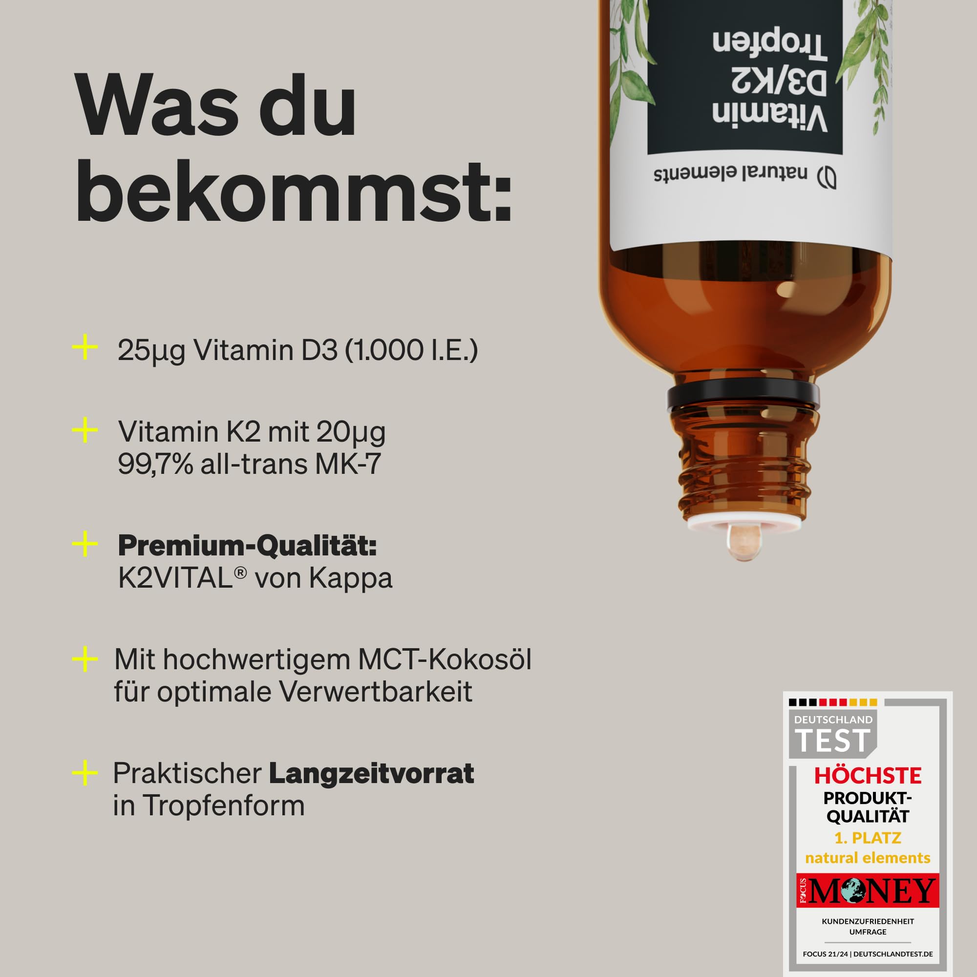natural elements Vitamin D3 + K2 Tropfen 50ml - Premium: 99,7+% All-Trans (K2VITAL® von Kappa) + hoch bioverfügbares Vitamin D3 - Laborgeprüft, hochdosiert, flüssig und in Deutschland produziert