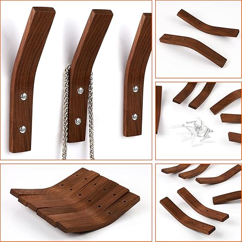 Miniatura 7 de Ganchos de pared de madera, paquete de 6 ganchos de madera natural maciza de nogal negro y madera de goma, ganchos decorativos de pared para colgar