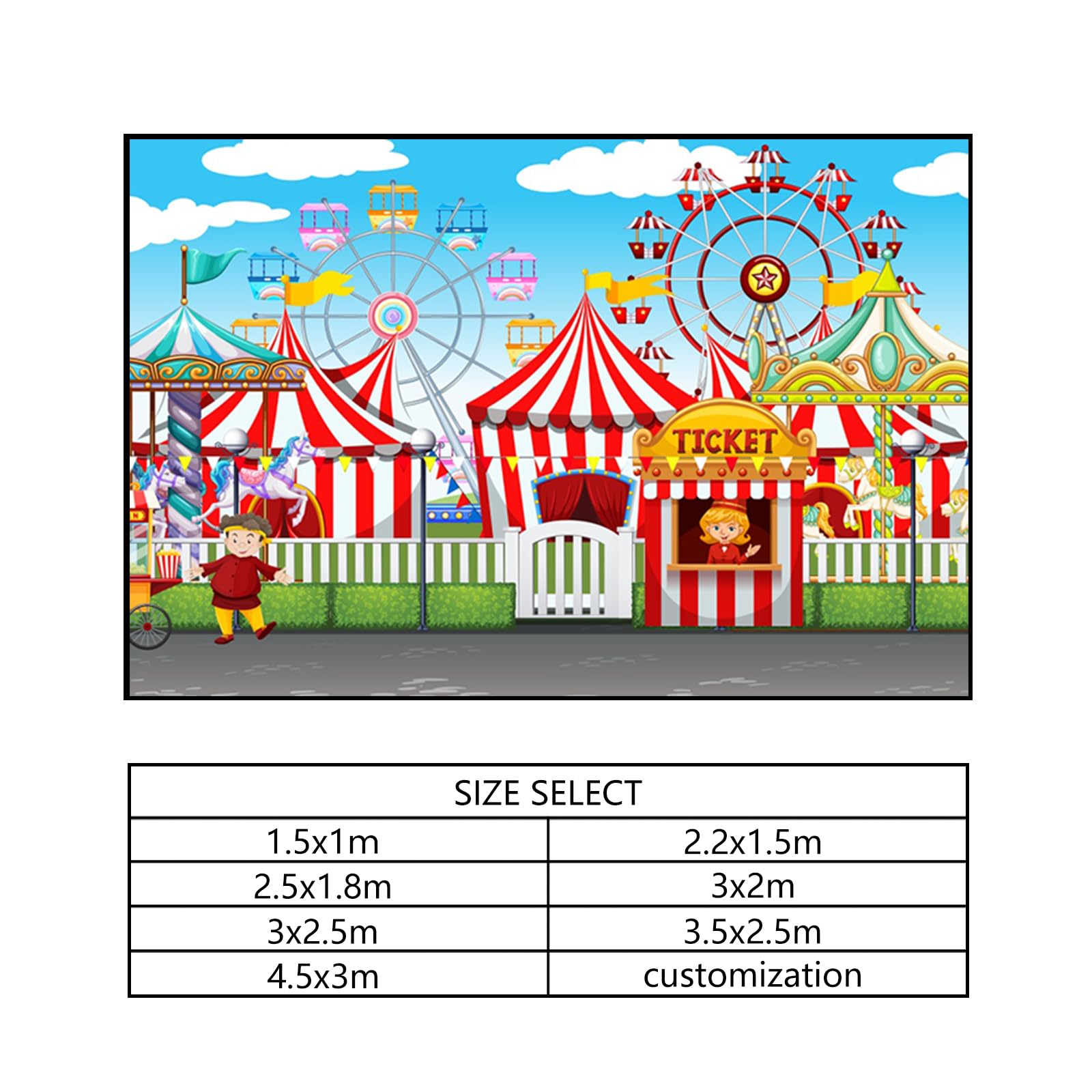 YongFoto 3,5x2,5m Toile de Fond Cirque Fête foraine Cour récréation des tentes Billetterie Carrousel Grande Roue Fond Studio Bannière Photo Party vidéo Enfant Photobooth Accessoires Photographie
