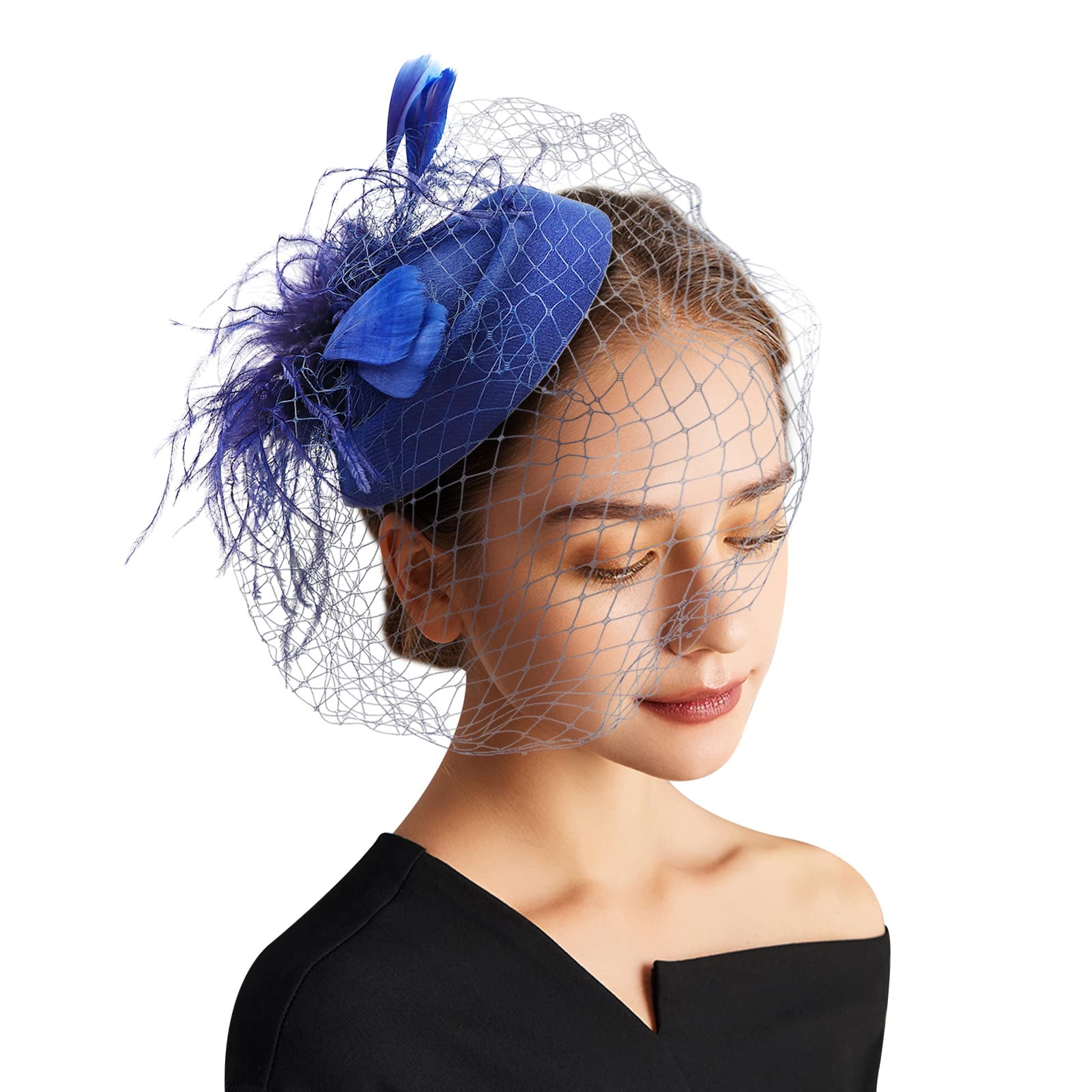 DRESHOW Fascinator Hats for Women Pillbox Hat with Veil Headband and a Forked Clip Tea Party Headwear
