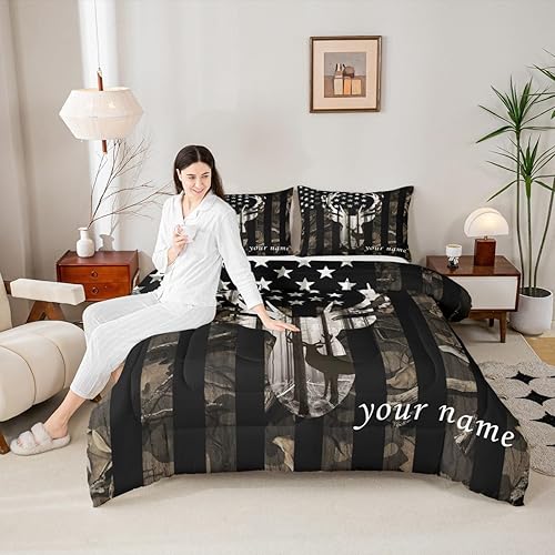 Miniatura 2 de Juego de edredón personalizado con diseño de bandera estadounidense de camuflaje para niños, tamaño Queen, decoración de dormitorio de niñas y