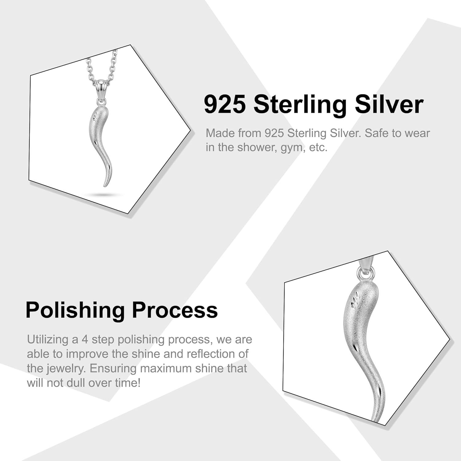 Charm America Silver Italian Horn Pendant Necklace - 925 Sterling Solid Silver - Adjustable Necklace 16” - 18” - Cornicello Pendant