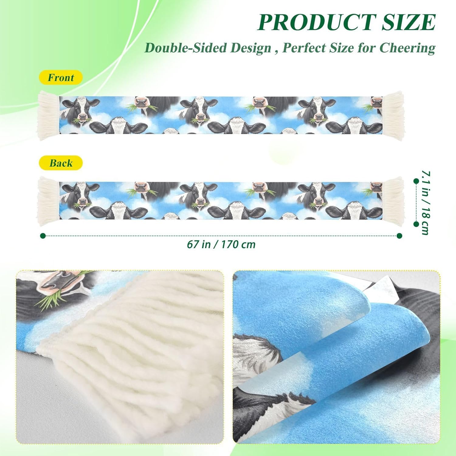 CHIFIGNO Black White Cow Blue Sports Fan Scarf with Fringe Ends, Soft Polyester Cheering Towel for Soccer Football Games, Quick Dry Sweat Absorbent Rally Scarf