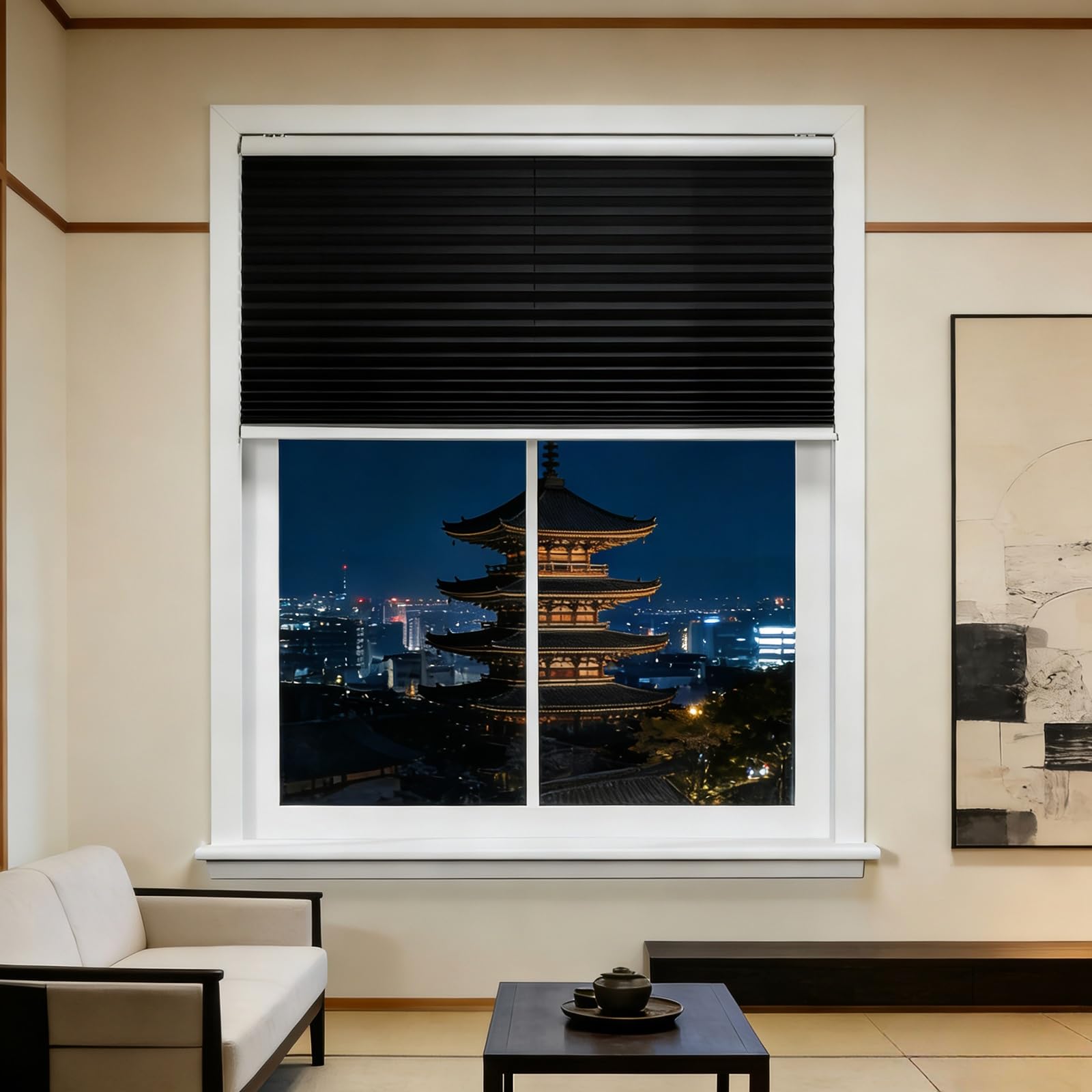 Store Plissé 104x160 cm Noir Réglable Haut Bas pour Fenêtre de Salon