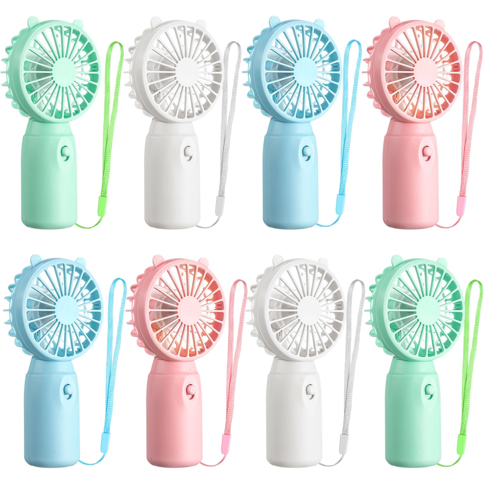 Glooglitter 8 Pcs Mini Fans Handheld Portable,Pink Blue White Green | Battery Operated with Lanyard, Lightweight Pocket Cooling for Wedding Birthday Party Favors, Summer Outdoor Event Giveaways