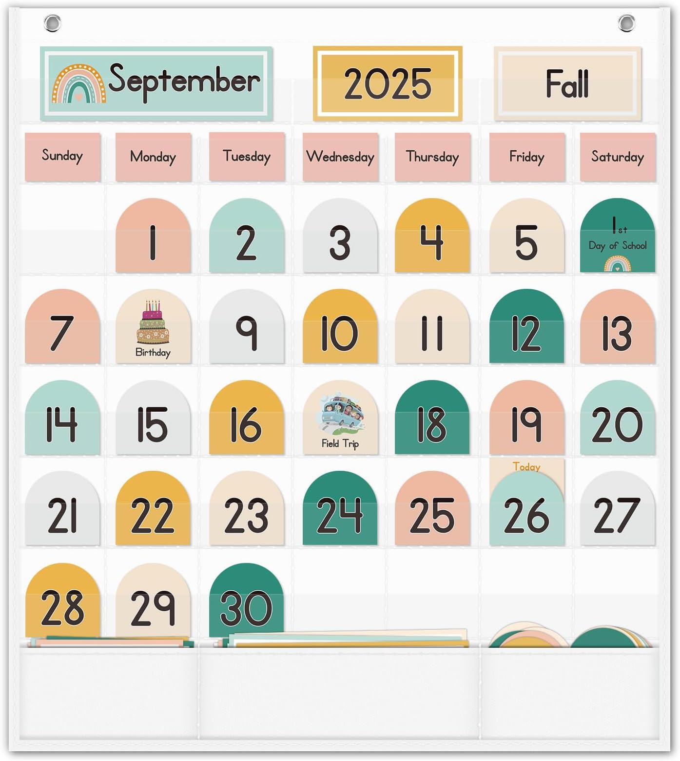 Eamay Boho Calendar Pocket Chart with 90 Cards for Kids Learning,Classroom and Home School Décor,White