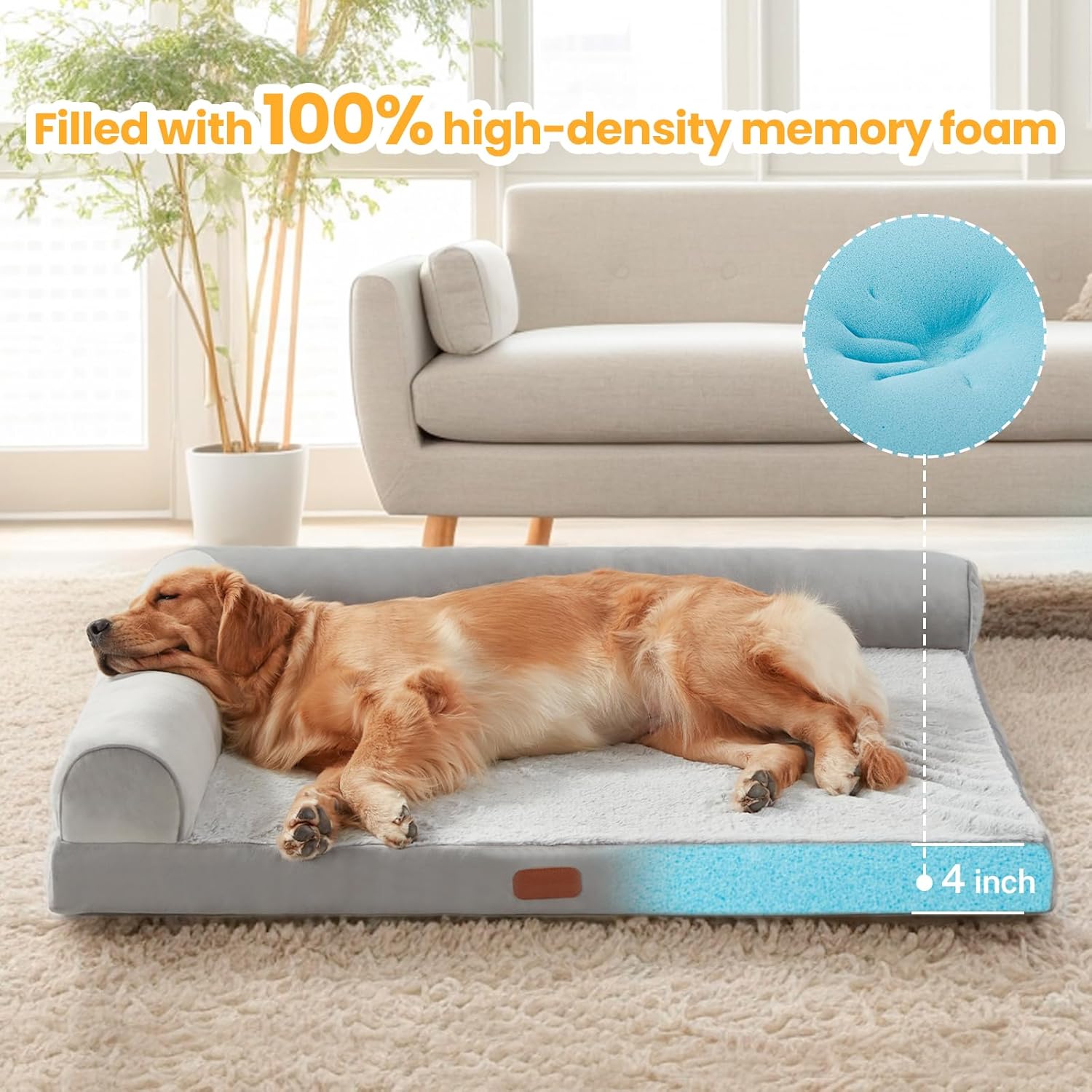 review Memory Foam L Shaped Dog Bed,Supportive Orthopedic Pet Couch Bed Waterproof Non-Slip Bottom Dog Bed with Removable Washable Cover-X-Large(39