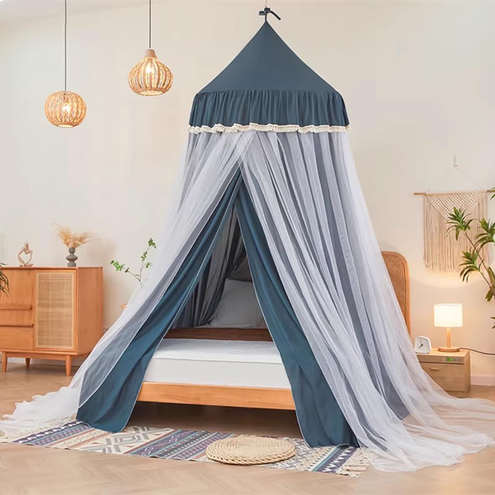 Runder Betthimmel mit Kuppel – doppellagig, lichtblockierend, Deckenvorhang zum Aufhängen, Bettvorhang für Schlafzimmer, Dekoration, einfache Installation
