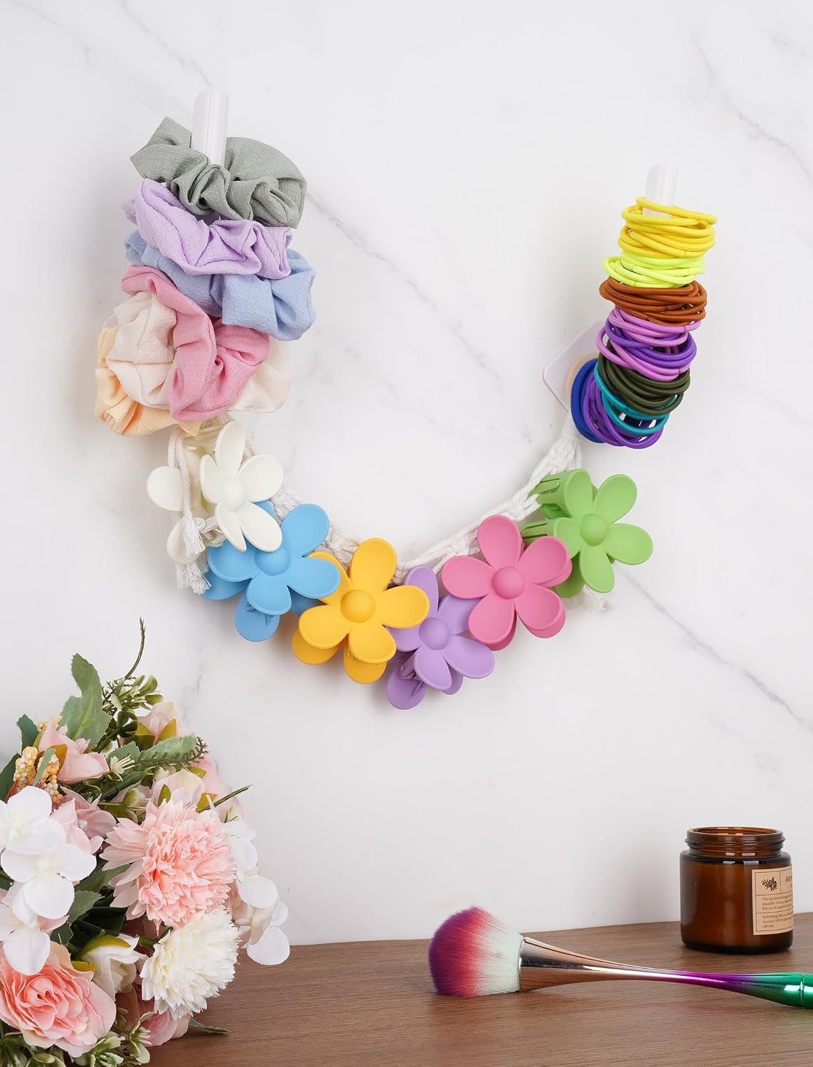 NiHome 6Pcs Hair Tie & Claw Clip Organizer, Boho Wall Mount Cotton Rope