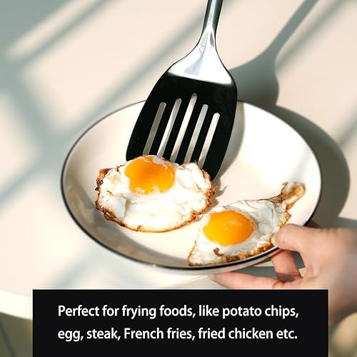 Miniatura 5 de Espátulas de metal para uso en cocina, espátulas de acero inoxidable ranurado cepillado con mango ergonómico, utensilios de cocina resistentes