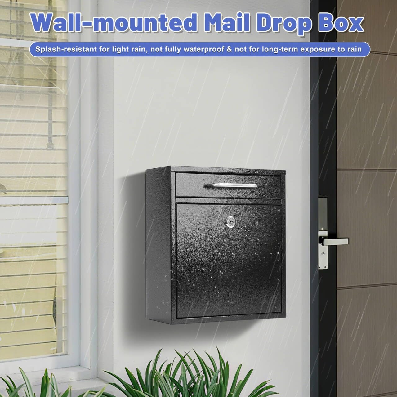 KYODOLED Steel Key Lock Mail Boxes for Outside, Locking Wall Mount Mailbox, Security Key Drop Box for Home, Office or Commercial, 12H x 10.5L x 4.6W Inches, Black Large