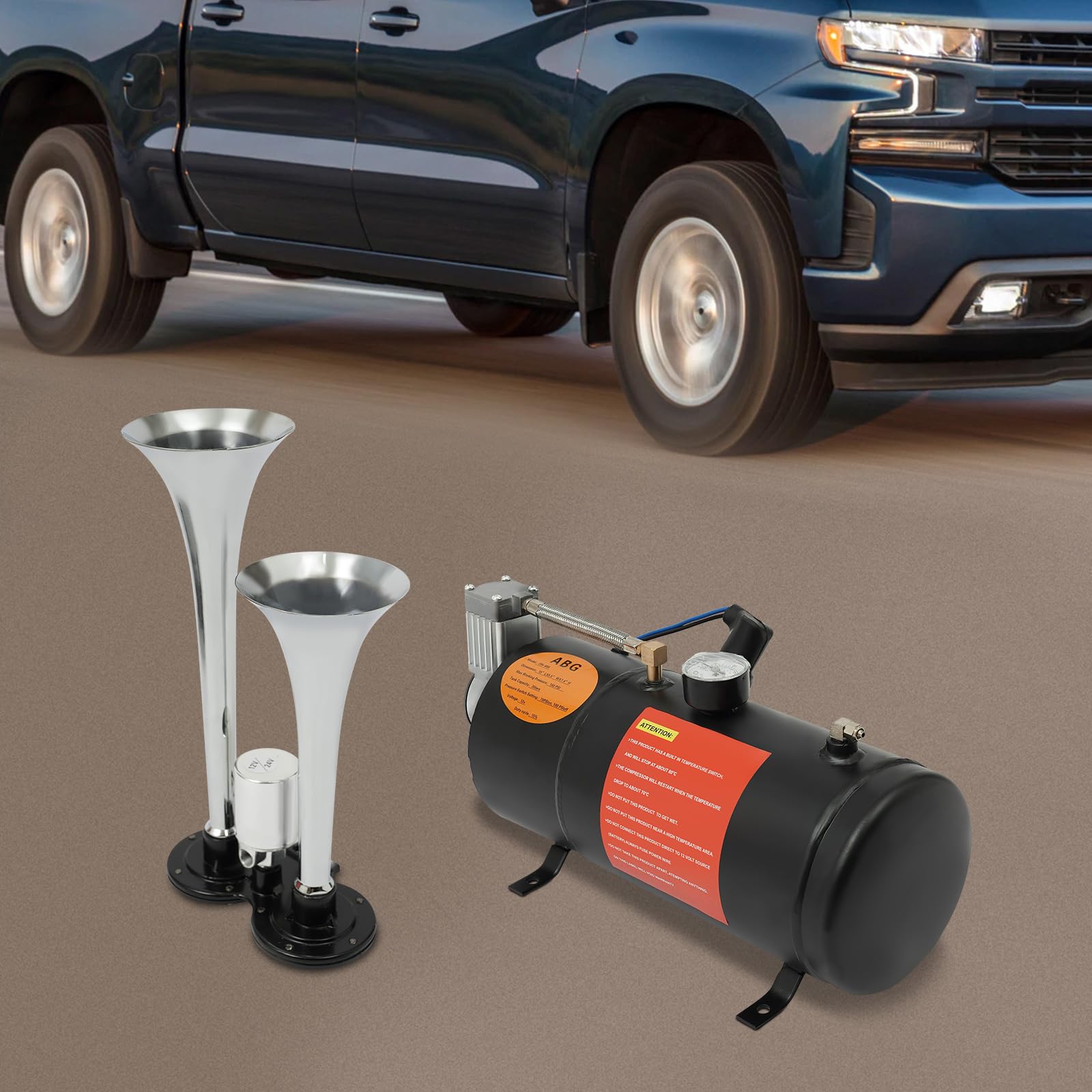 Compresor de aire 12 V, compresor de aire comprimido 150 psi con 3 L, cobre, modelo ON-688, para coches y barcos, con cuernos de aire, color negro