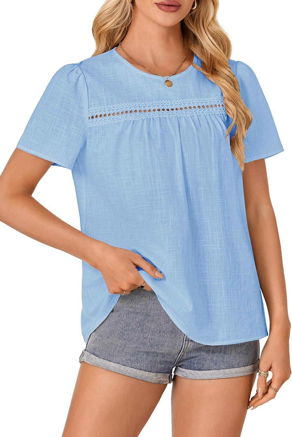 Vrtige Women's Crewneck Lace Crochet Shirt Eyelet Short Sleeve Casual Blouse Shirt Top - Image 4