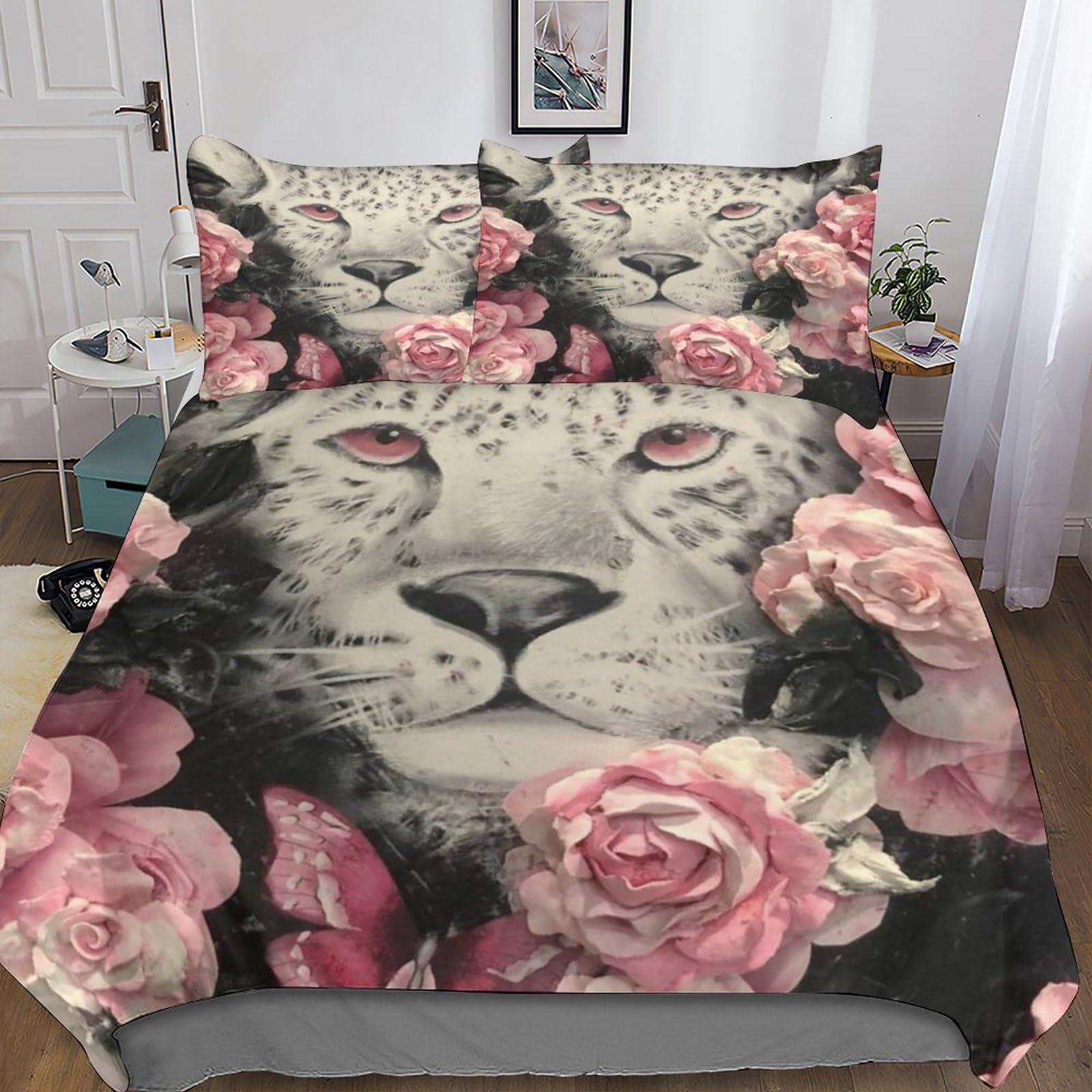Parure de lit léopard rose en microfibre avec housse de couette et taies