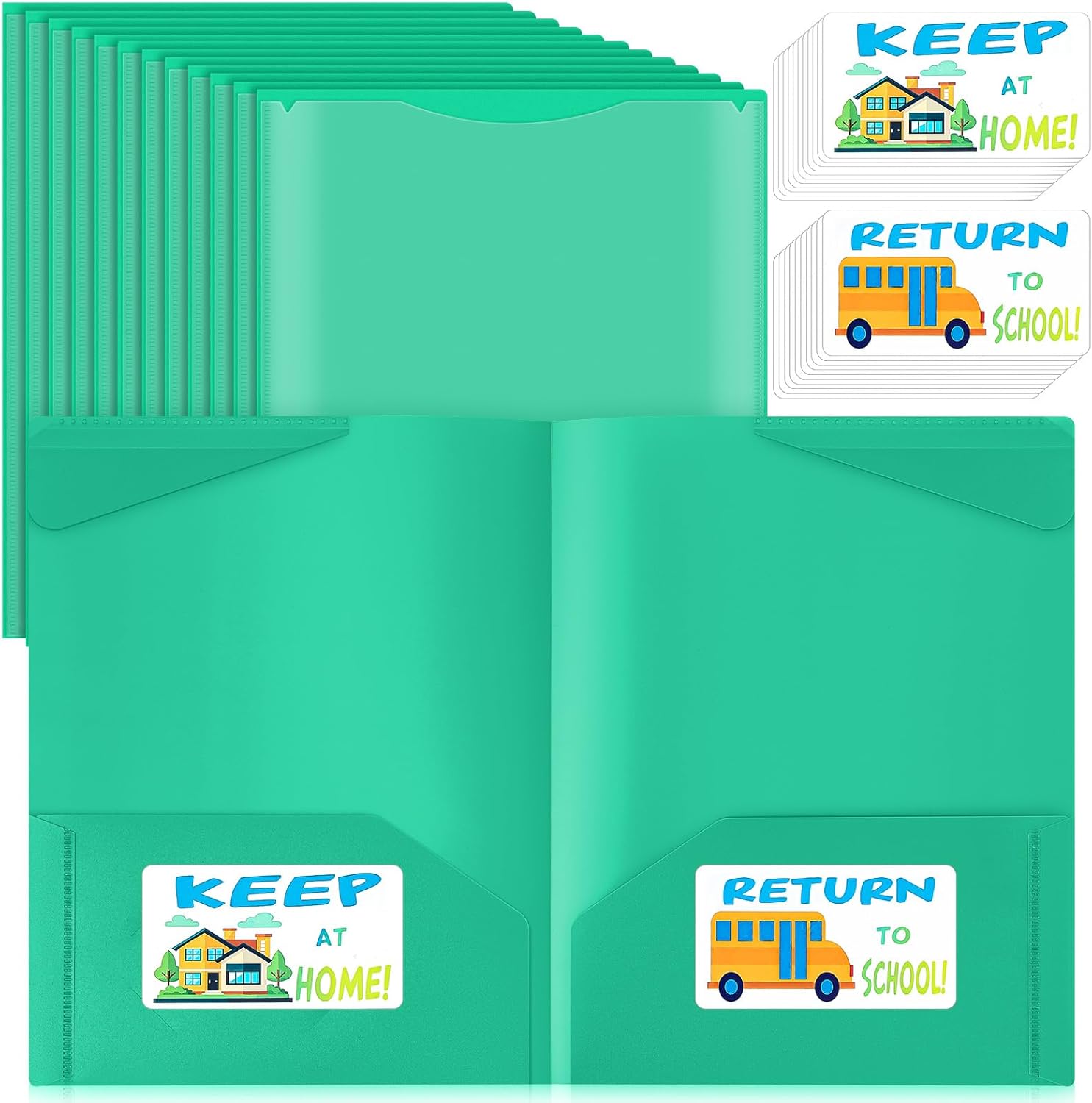 Henoyso 48 Pack 2 Pocket Parent-Teacher Communication Folders with School Bus Folder Labels, Stay-Put Tabs, Clear Front Pocket Plastic Folder for School Classroom Teacher Supplies(Green)