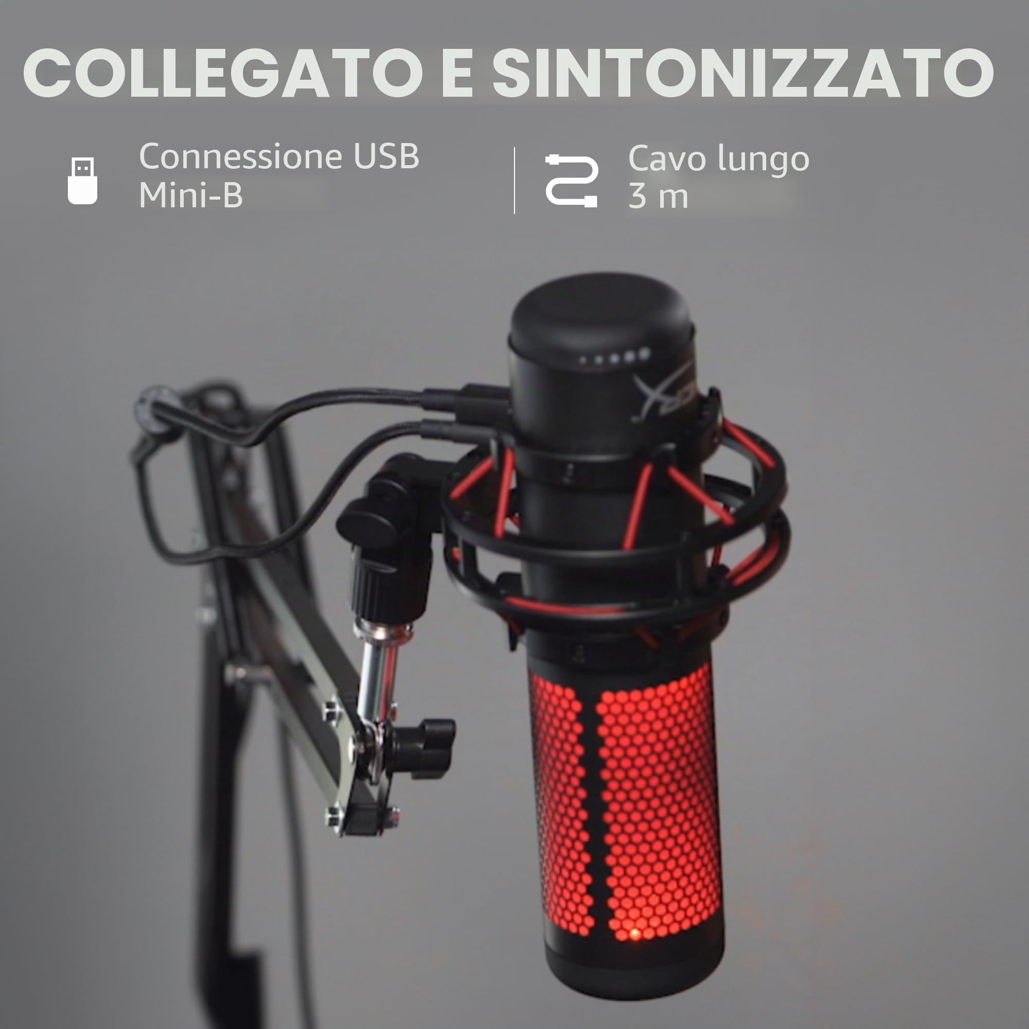 HyperX QuadCast, Microfono da Gaming, USB a condensatore, Anti-Vibrazione, FiltroPop, Indicatore LED, Sensore Tap-To-Mute, Jack Audio, Streaming, Discord, TeamSpeack, per PC, PS5, PS4, Mac, Rosso/Nero