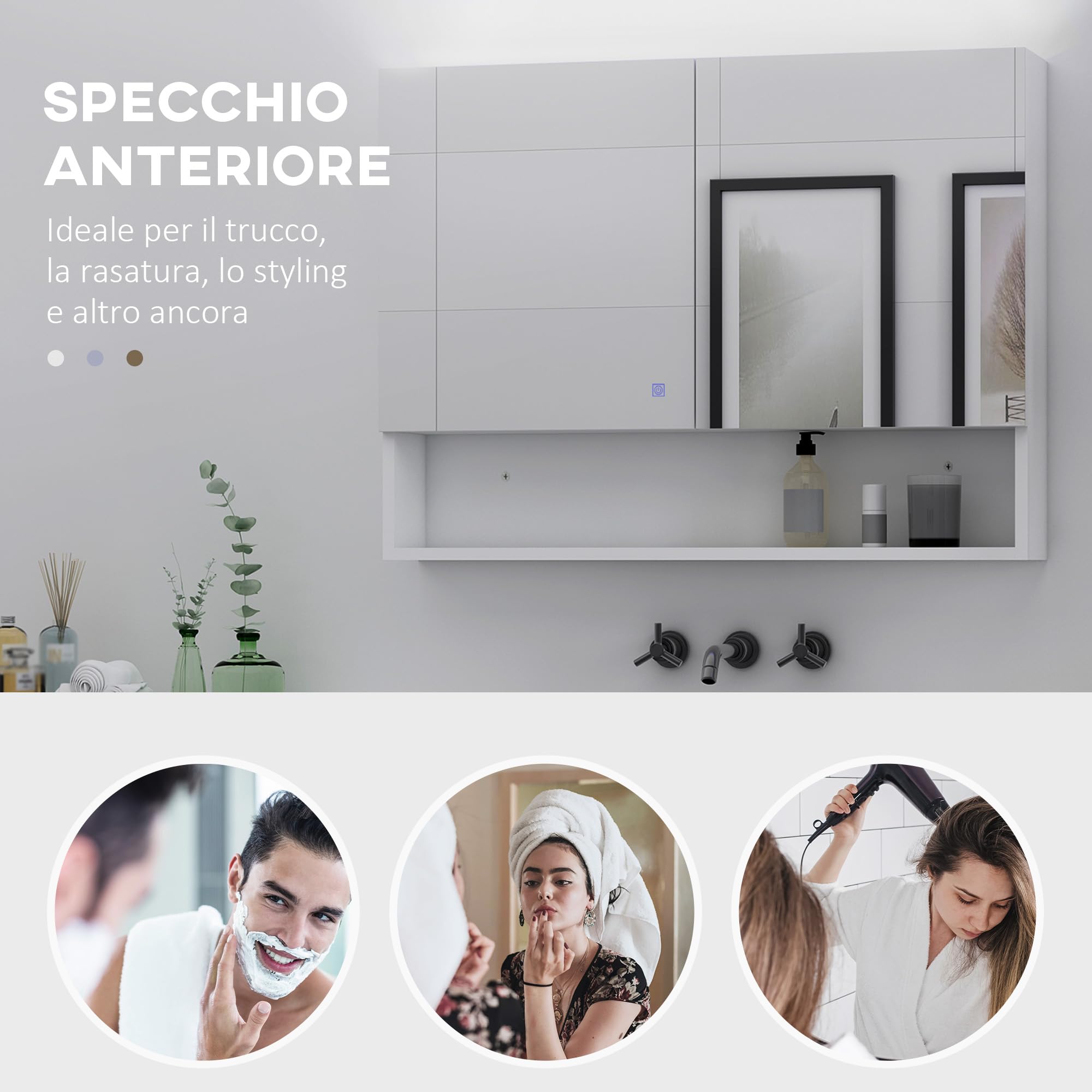 HOMCOM Specchio Bagno Contenitore con Luci a LED, Armadietto con Specchio a Muro, Ripiano Aperto e Ripiano Interno Regolabile, in Vetro e MDF, 80x15x60cm