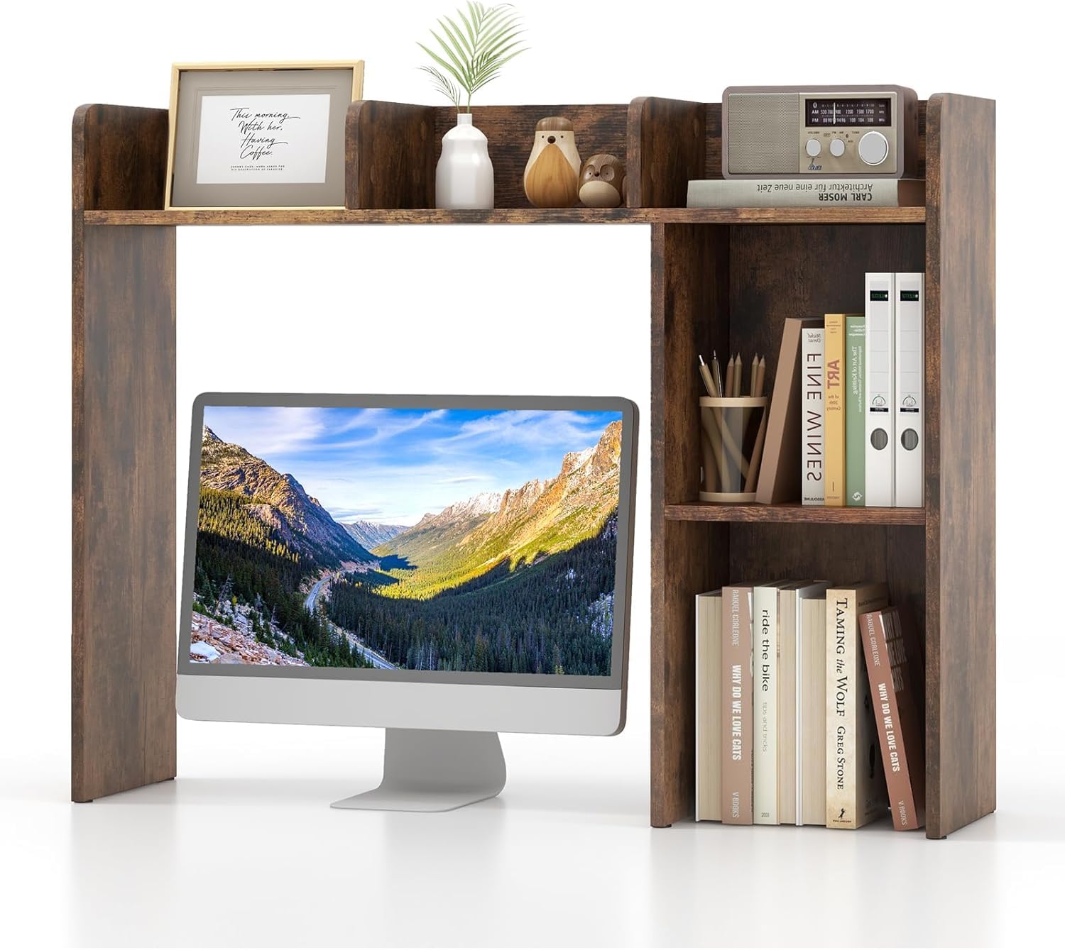 FANTASK 94 x 25 x 74 cm, regał na biurko z 4 półkami, regał na biurko z systemem przechowywania, wielofunkcyjny organizer na biurko z otwartą półką w kolorze rustykalnego brązu