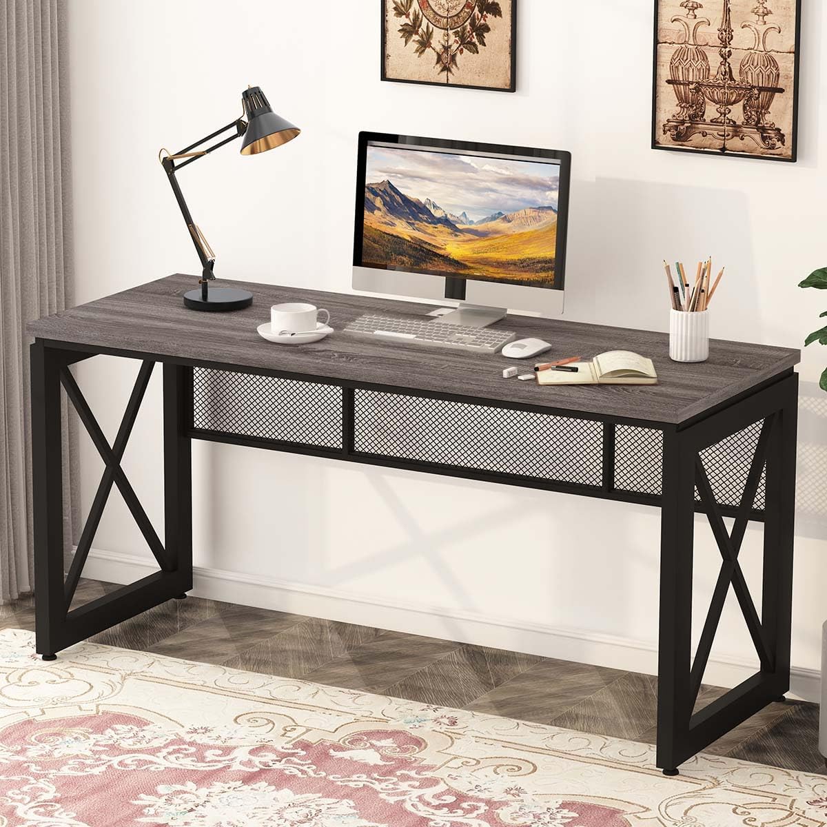 BON AUGURE Industrial Computer Desk, Rustic Wood Desk for Home Office, Sturdy Metal Writing Work Desk (60 Inch, Dark Grey Oak) Grey Oak 60 inches