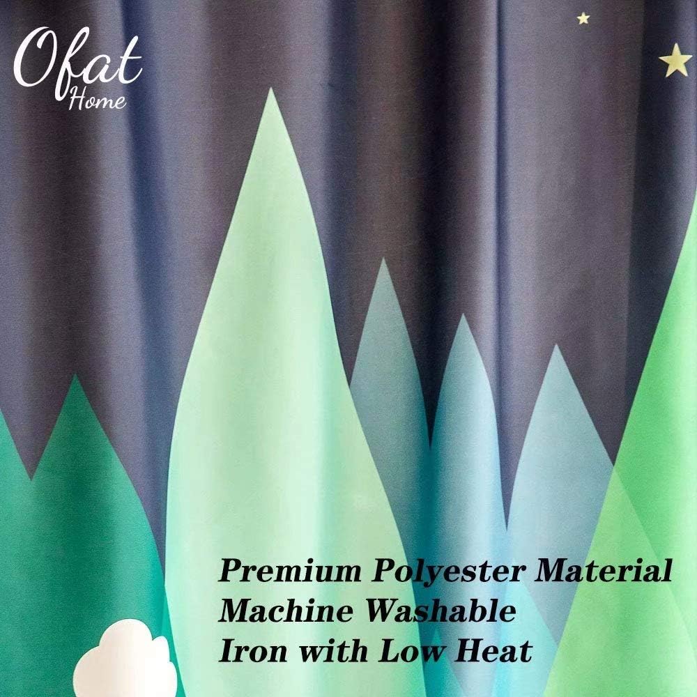 Ofat Home Green Mountain Forest Moon Star Cloud Kids Shower Curtain Sets with Hooks for Bathroom, Waterproof Fabric No Liner Needed Washable, 72x72 inches，90GSM Fabric