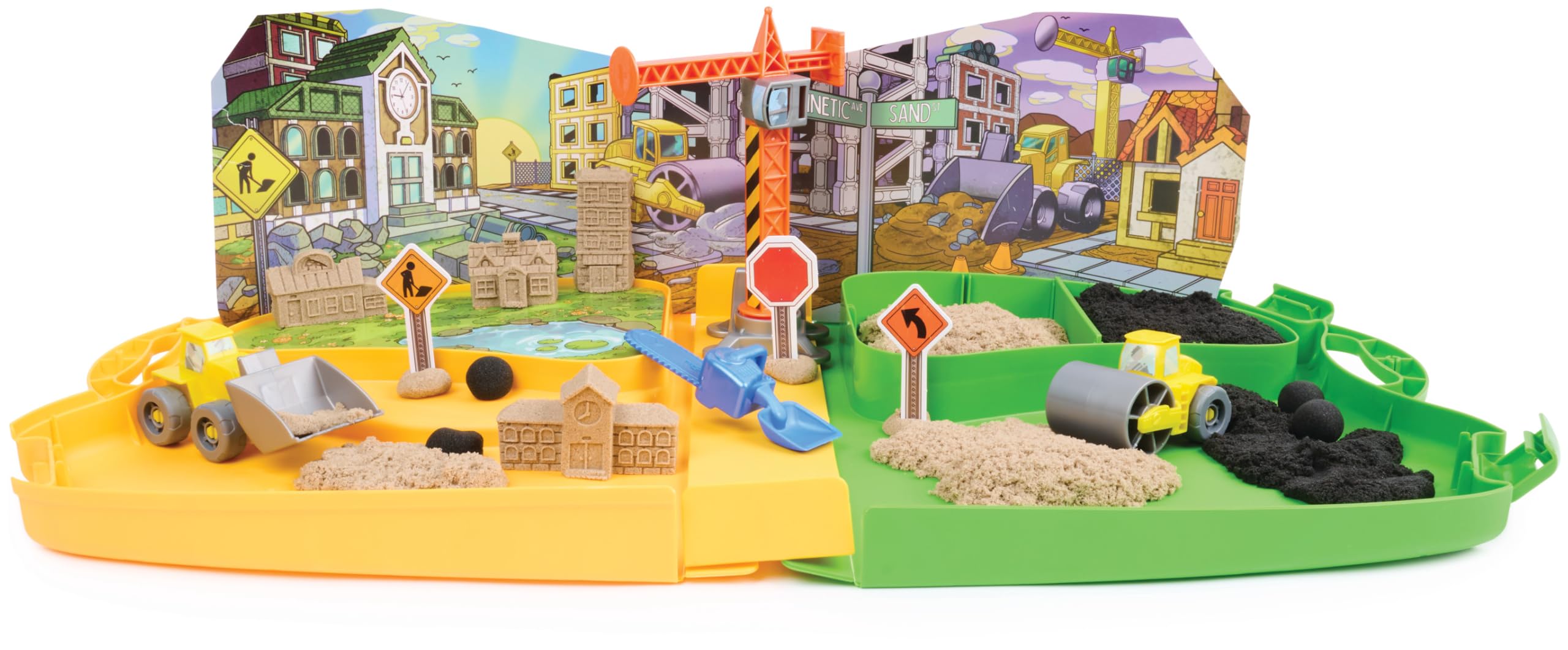 Kinetic Sand Deluxe walizka na plac budowy ‒ 794 g piasku kinetycznego ze Szwecji, spełnia wszystkie obowiązujące wytyczne dotyczące bezpieczeństwa, do zabawy w pomieszczeniach z pojazdami budowlanymi