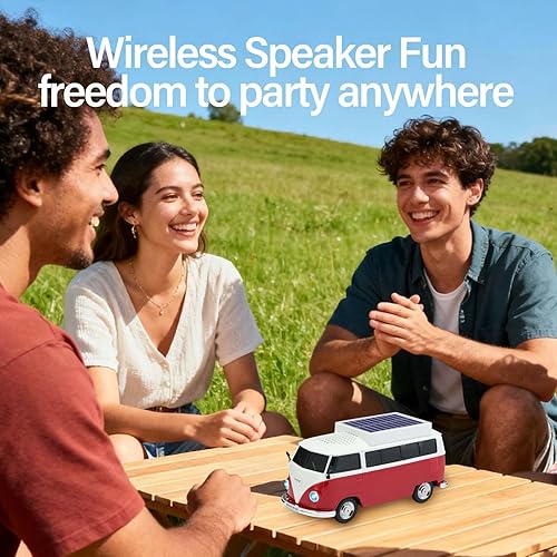 Miniatura 5 de Altavoz solar portátil Bluetooth para automóvil, diseño retro de autobús con sonido estéreo HD, luces LED de fiesta, ruedas móviles, altavoz